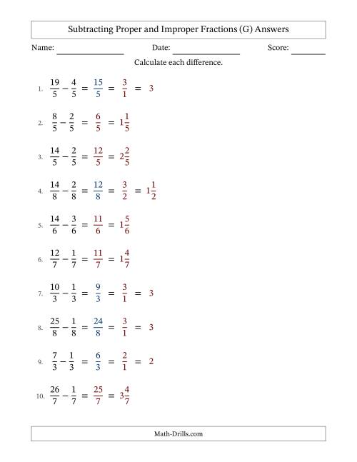 The Subtracting Fractions with Like Denominators with Improper Fractions and Mixed Fractions Results (G) Math Worksheet Page 2