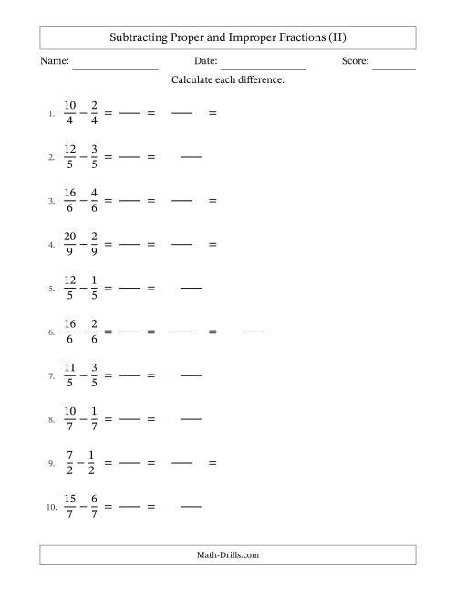 The Subtracting Proper and Improper Fractions with Equal Denominators, Mixed Fractions Results and Some Simplifying (Fillable) (H) Math Worksheet