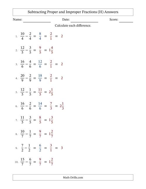 The Subtracting Fractions with Like Denominators with Improper Fractions and Mixed Fractions Results (H) Math Worksheet Page 2