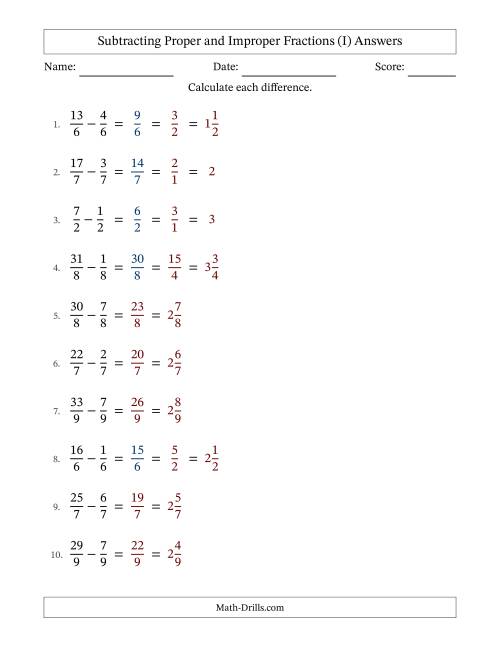 The Subtracting Fractions with Like Denominators with Improper Fractions and Mixed Fractions Results (I) Math Worksheet Page 2