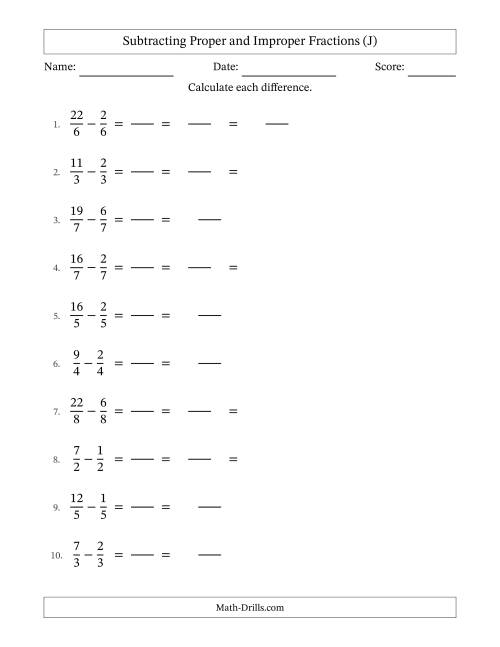 The Subtracting Fractions with Like Denominators with Improper Fractions and Mixed Fractions Results (J) Math Worksheet