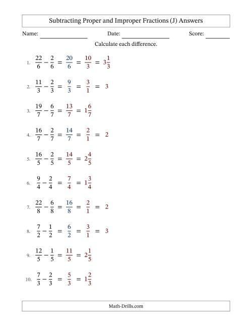 The Subtracting Fractions with Like Denominators with Improper Fractions and Mixed Fractions Results (J) Math Worksheet Page 2