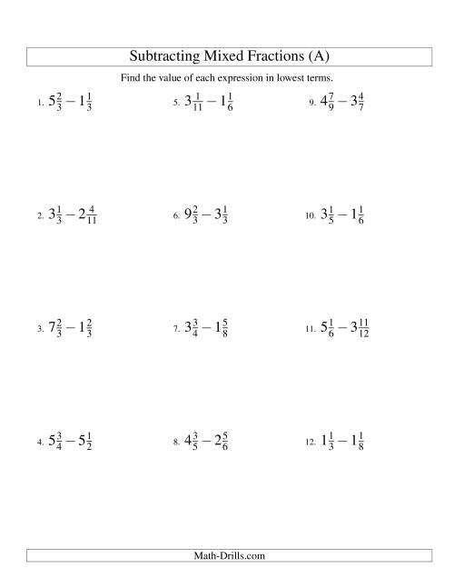 The Subtracting Mixed Fractions Easy Version (A) Math Worksheet