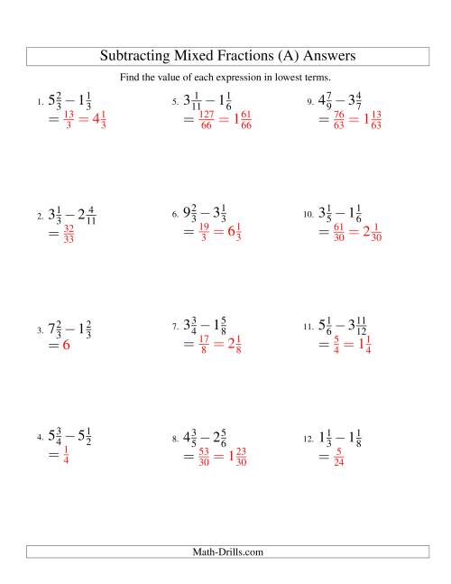 The Subtracting Mixed Fractions Easy Version (A) Math Worksheet Page 2