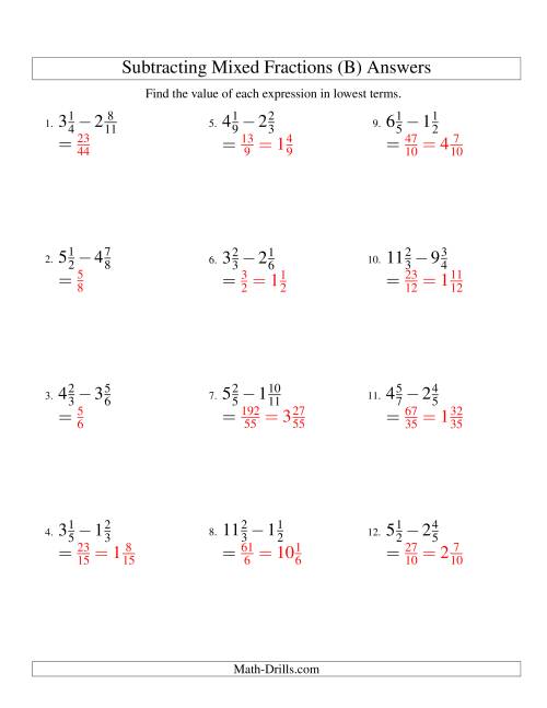 The Subtracting Mixed Fractions Easy Version (B) Math Worksheet Page 2