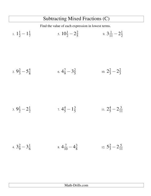 The Subtracting Mixed Fractions Easy Version (C) Math Worksheet