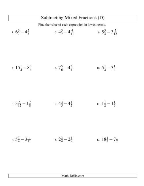 The Subtracting Mixed Fractions Easy Version (D) Math Worksheet