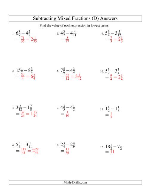 The Subtracting Mixed Fractions Easy Version (D) Math Worksheet Page 2