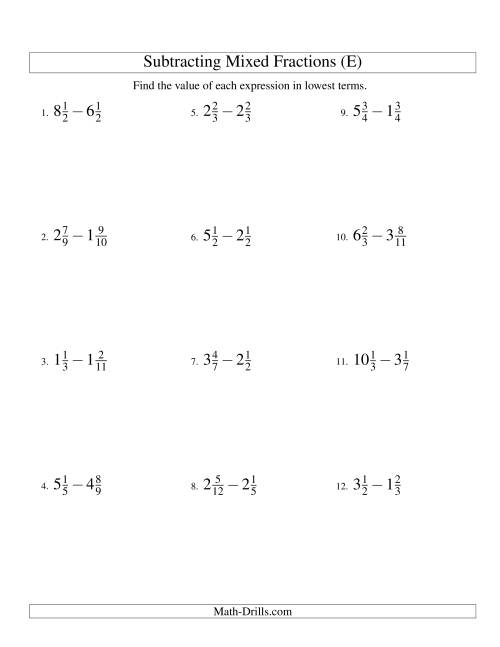 The Subtracting Mixed Fractions Easy Version (E) Math Worksheet