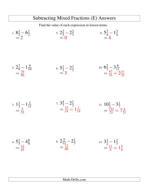 The Subtracting Mixed Fractions Easy Version (E) Math Worksheet Page 2