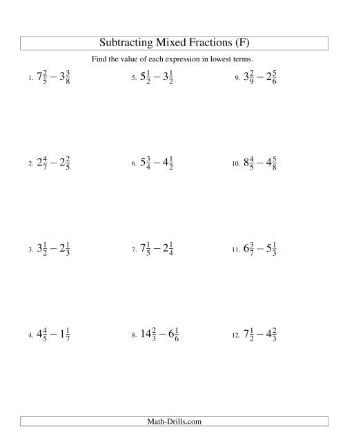 The Subtracting Mixed Fractions Easy Version (F) Math Worksheet