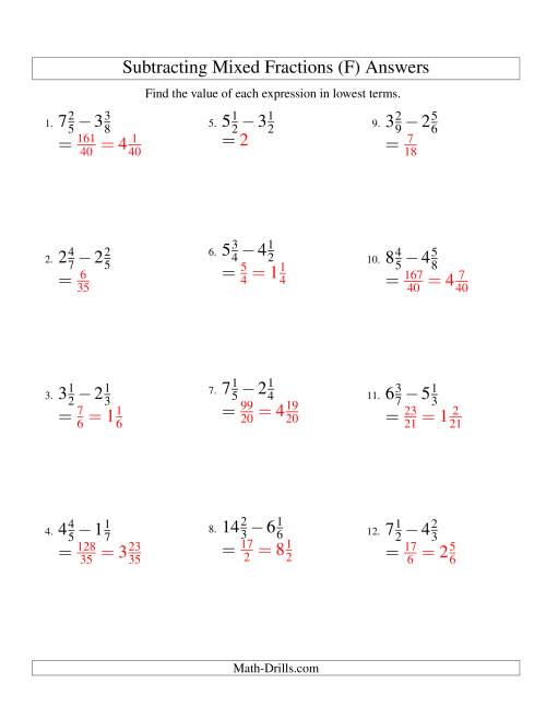 The Subtracting Mixed Fractions Easy Version (F) Math Worksheet Page 2