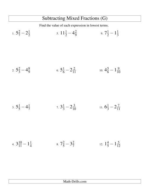 The Subtracting Mixed Fractions Easy Version (G) Math Worksheet
