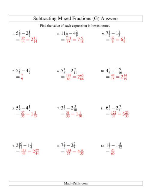 The Subtracting Mixed Fractions Easy Version (G) Math Worksheet Page 2