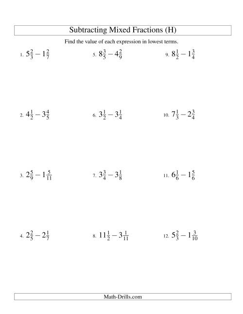 The Subtracting Mixed Fractions Easy Version (H) Math Worksheet