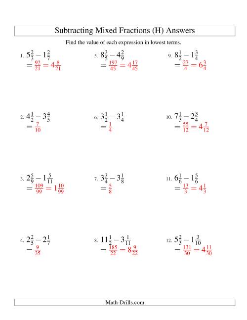 The Subtracting Mixed Fractions Easy Version (H) Math Worksheet Page 2