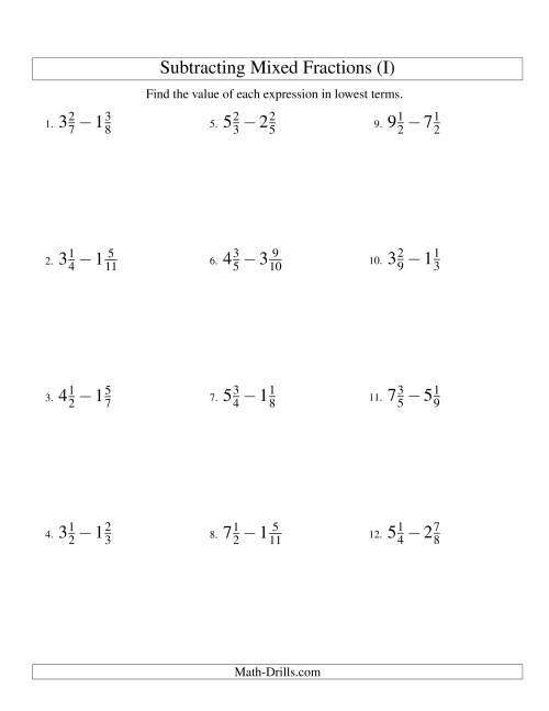 The Subtracting Mixed Fractions Easy Version (I) Math Worksheet