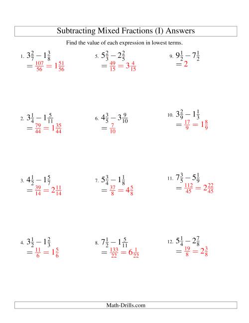 The Subtracting Mixed Fractions Easy Version (I) Math Worksheet Page 2