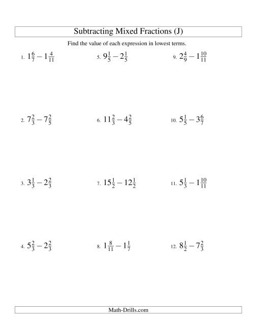 The Subtracting Mixed Fractions Easy Version (J) Math Worksheet