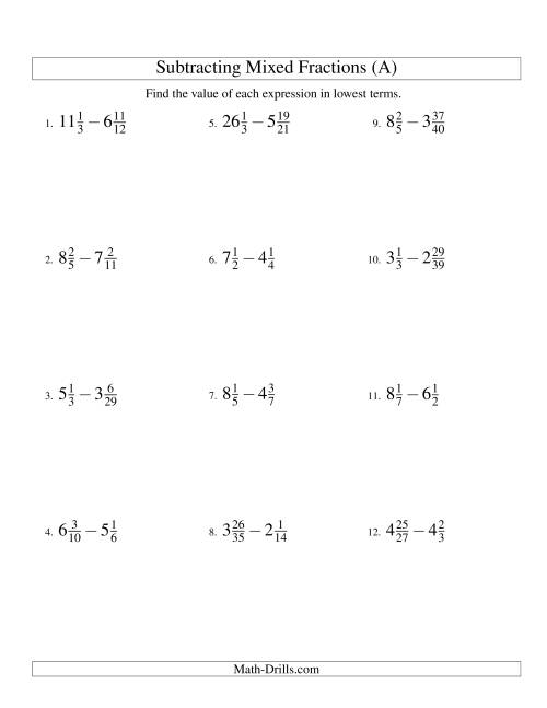 The Subtracting Mixed Fractions Hard Version (A) Math Worksheet