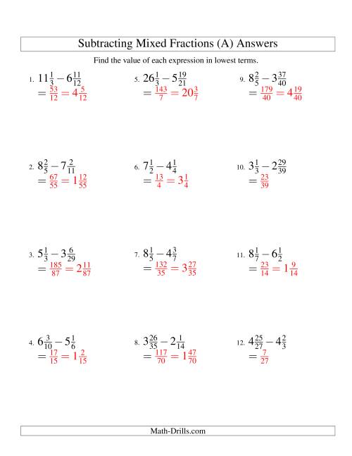 The Subtracting Mixed Fractions Hard Version (A) Math Worksheet Page 2