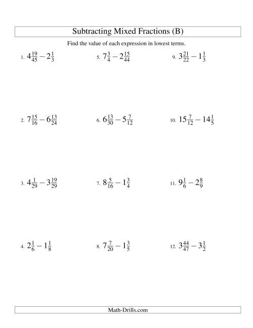 The Subtracting Mixed Fractions Hard Version (B) Math Worksheet