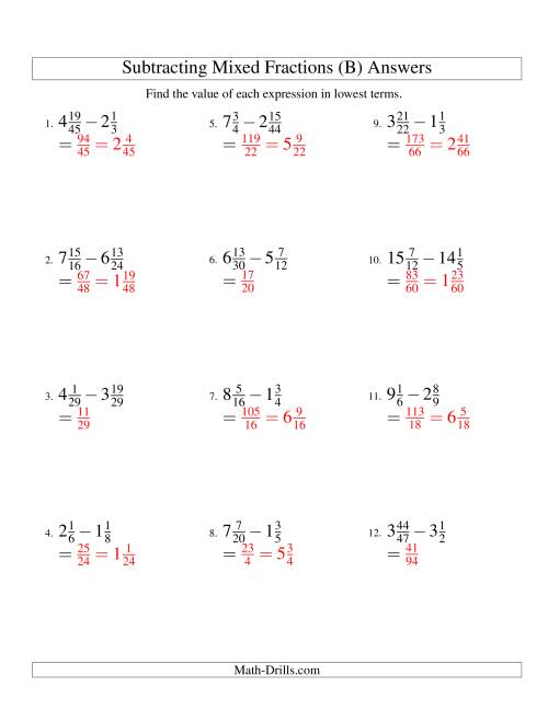 The Subtracting Mixed Fractions Hard Version (B) Math Worksheet Page 2