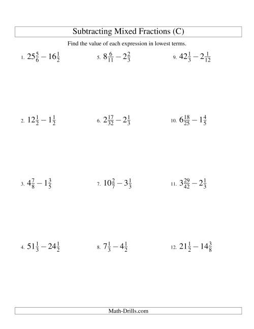 The Subtracting Mixed Fractions Hard Version (C) Math Worksheet