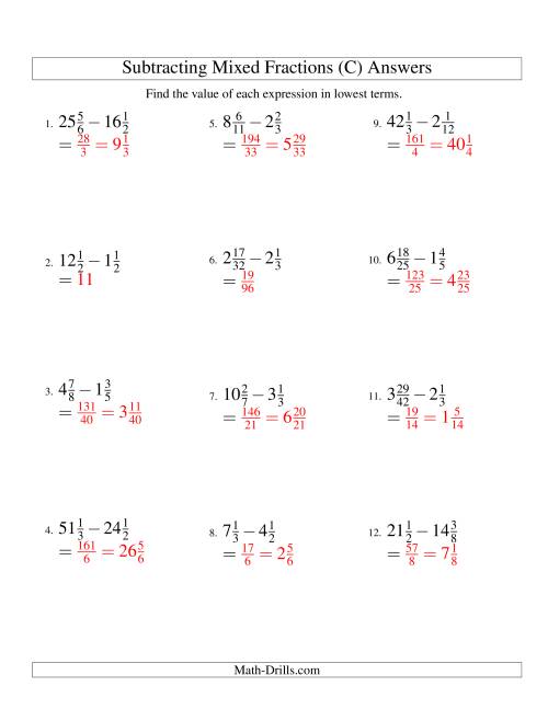 The Subtracting Mixed Fractions Hard Version (C) Math Worksheet Page 2