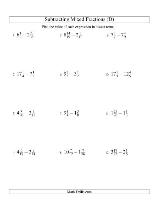 The Subtracting Mixed Fractions Hard Version (D) Math Worksheet