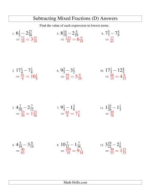 The Subtracting Mixed Fractions Hard Version (D) Math Worksheet Page 2
