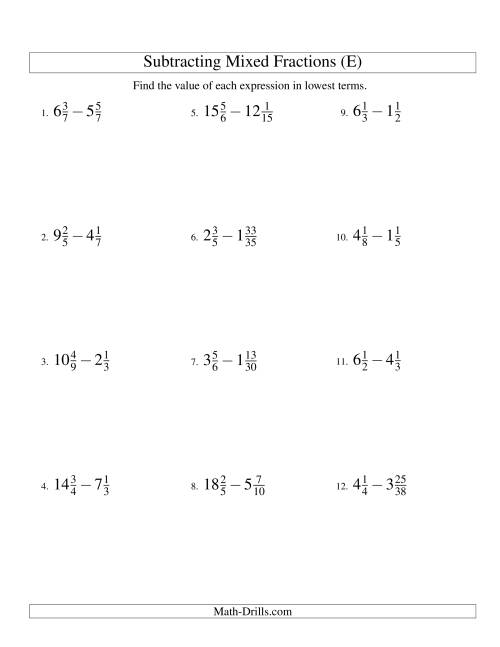 The Subtracting Mixed Fractions Hard Version (E) Math Worksheet