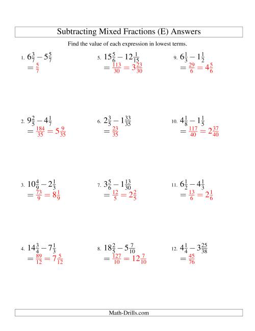 The Subtracting Mixed Fractions Hard Version (E) Math Worksheet Page 2