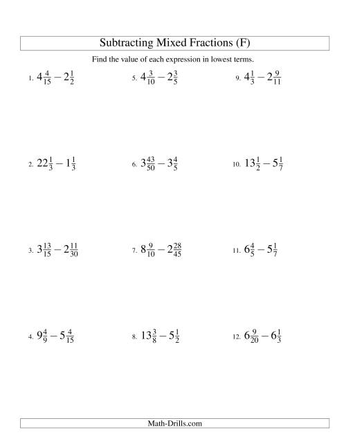 The Subtracting Mixed Fractions Hard Version (F) Math Worksheet