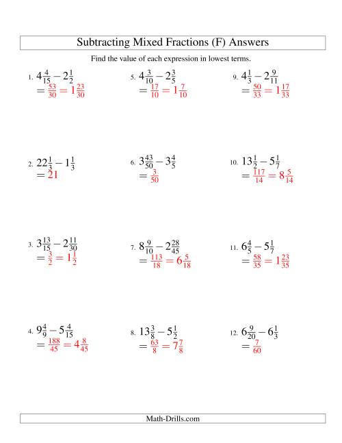 The Subtracting Mixed Fractions Hard Version (F) Math Worksheet Page 2