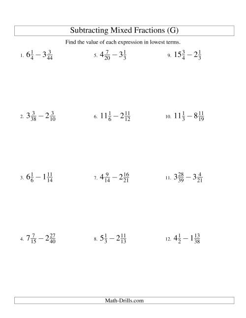 The Subtracting Mixed Fractions Hard Version (G) Math Worksheet