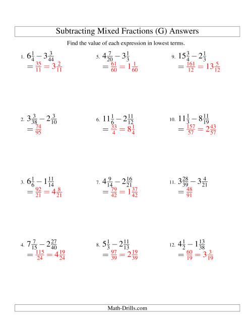 The Subtracting Mixed Fractions Hard Version (G) Math Worksheet Page 2