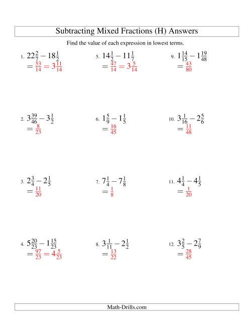 The Subtracting Mixed Fractions Hard Version (H) Math Worksheet Page 2