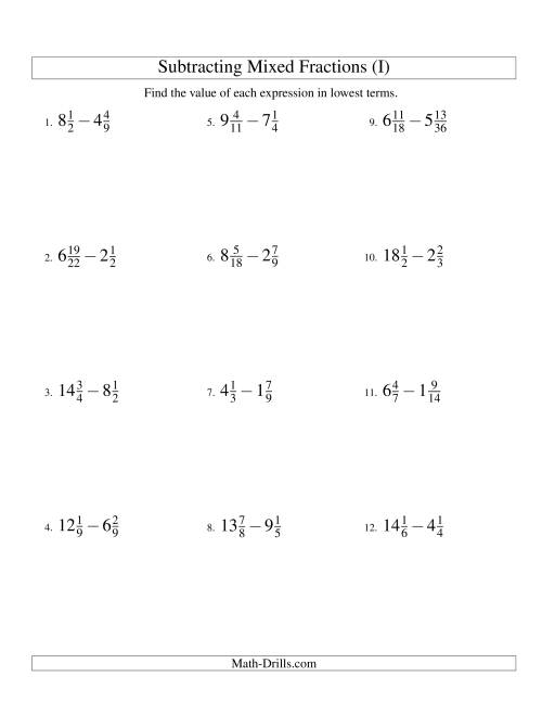 The Subtracting Mixed Fractions Hard Version (I) Math Worksheet