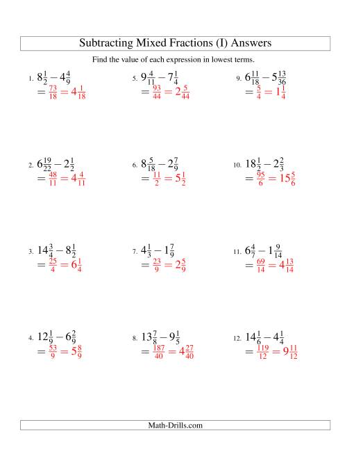 The Subtracting Mixed Fractions Hard Version (I) Math Worksheet Page 2