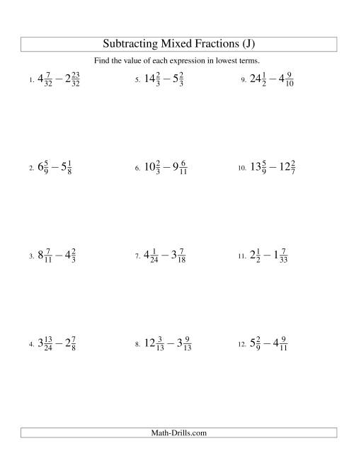 The Subtracting Mixed Fractions Hard Version (J) Math Worksheet