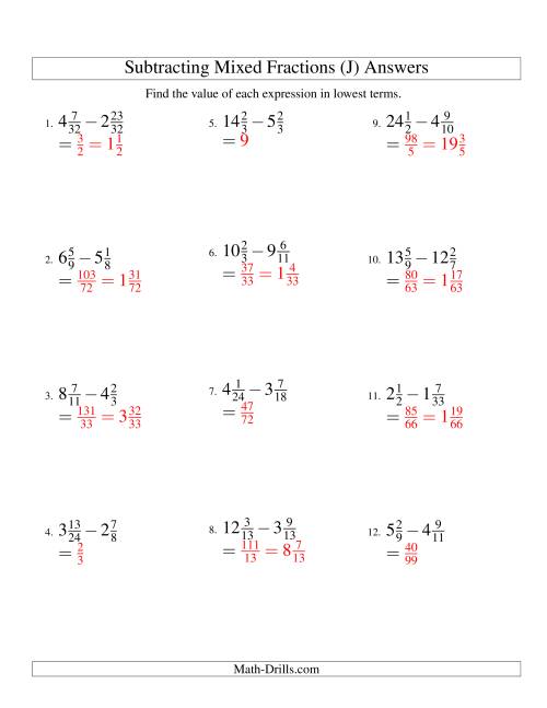 The Subtracting Mixed Fractions Hard Version (J) Math Worksheet Page 2