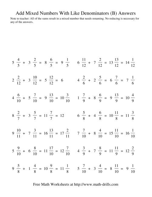 The Adding Mixed Fractions -- Like Denominators Renaming No Reducing (B) Math Worksheet Page 2