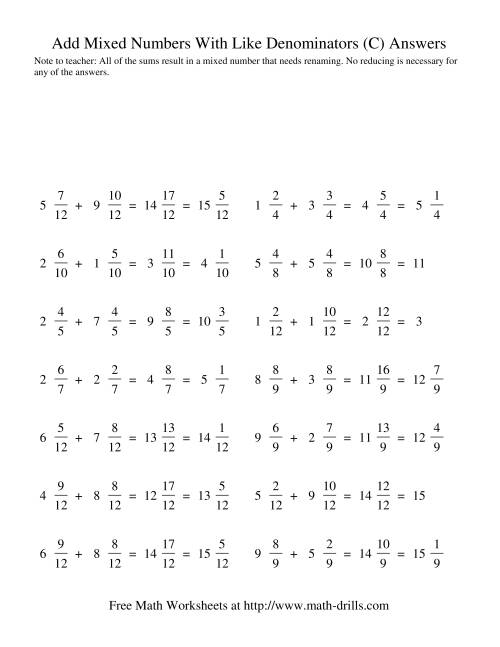 The Adding Mixed Fractions -- Like Denominators Renaming No Reducing (C) Math Worksheet Page 2