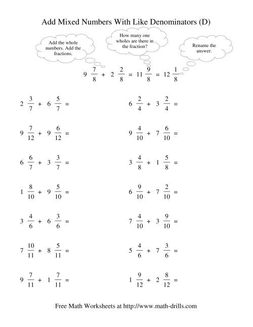 The Adding Mixed Fractions -- Like Denominators Renaming No Reducing (D) Math Worksheet