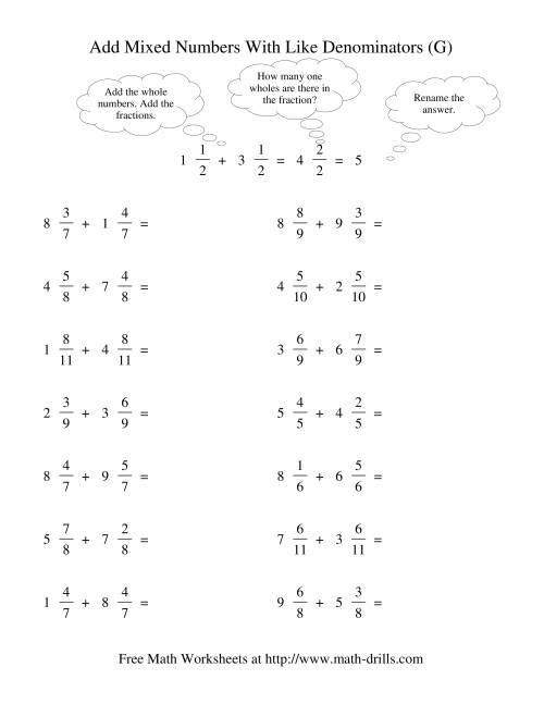 The Adding Mixed Fractions -- Like Denominators Renaming No Reducing (G) Math Worksheet