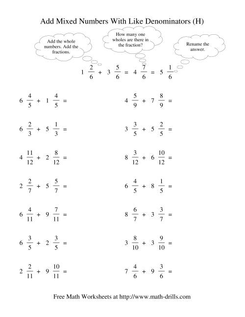 The Adding Mixed Fractions -- Like Denominators Renaming No Reducing (H) Math Worksheet