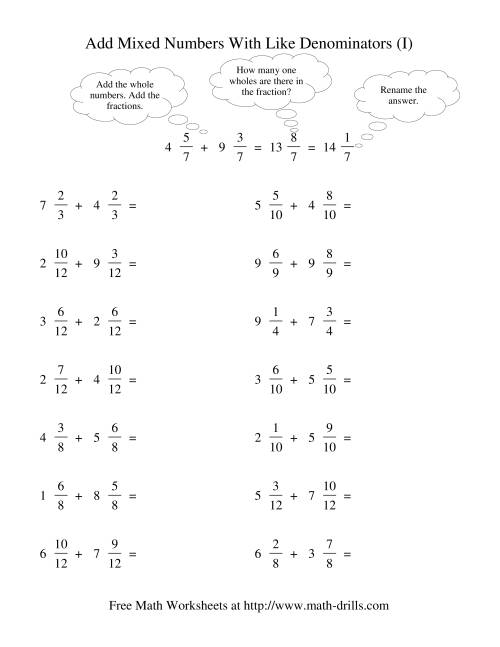 The Adding Mixed Fractions -- Like Denominators Renaming No Reducing (I) Math Worksheet