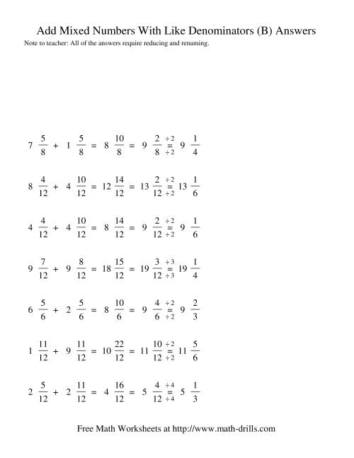 The Adding Mixed Fractions -- Like Denominators Renaming Reducing (B) Math Worksheet Page 2