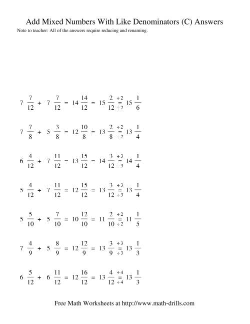 The Adding Mixed Fractions -- Like Denominators Renaming Reducing (C) Math Worksheet Page 2